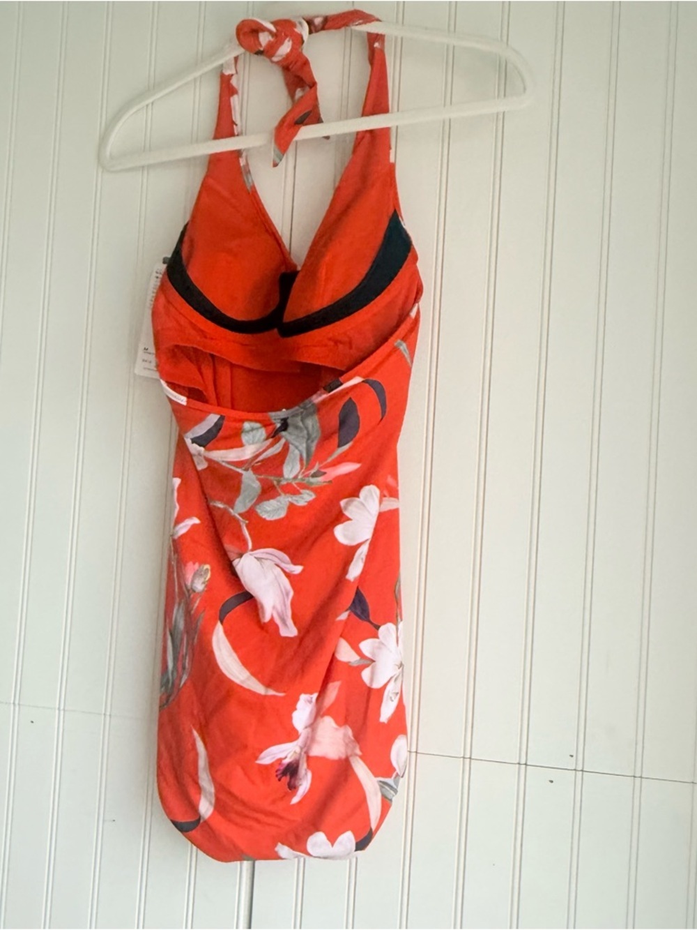 Athleta Size M Orange Black Floral Waimea Plunge Halter One Piece Swimsuit NEW! - Picture 5 of 5